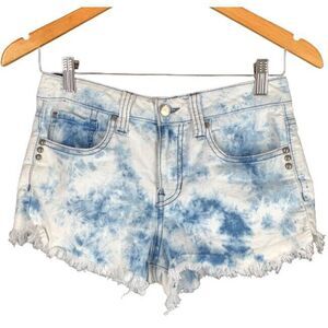 Denim Society 5 Tie Dye Jean Shorts Blue Cutoff Frayed Studded Bleached Mid Rise